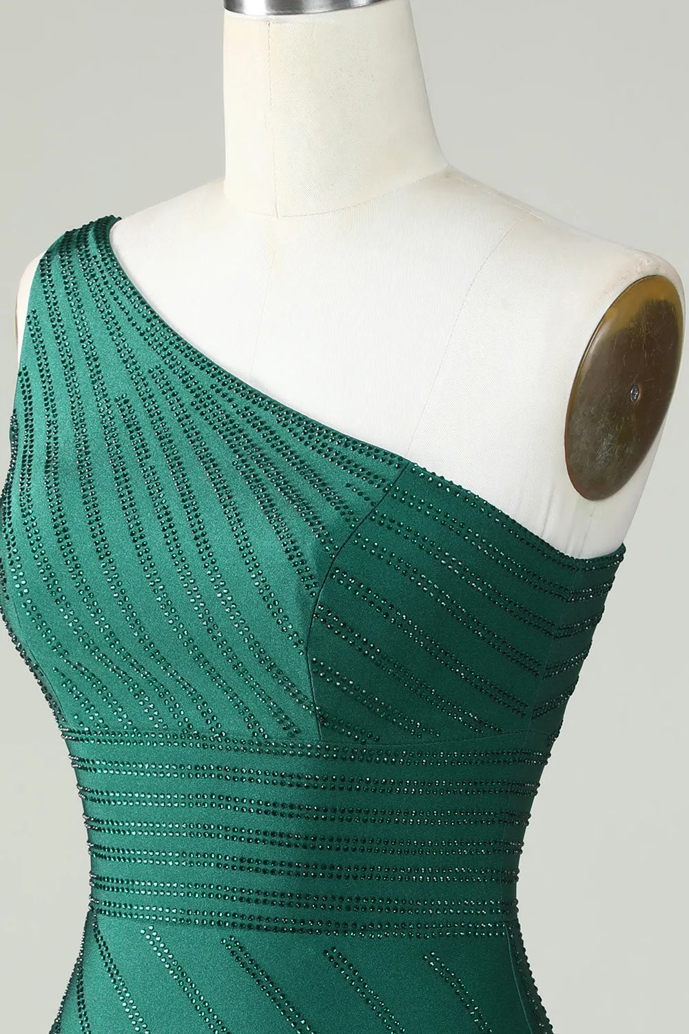 One-Shoulder Dark Green Sheath Homecoming Dress with Beading