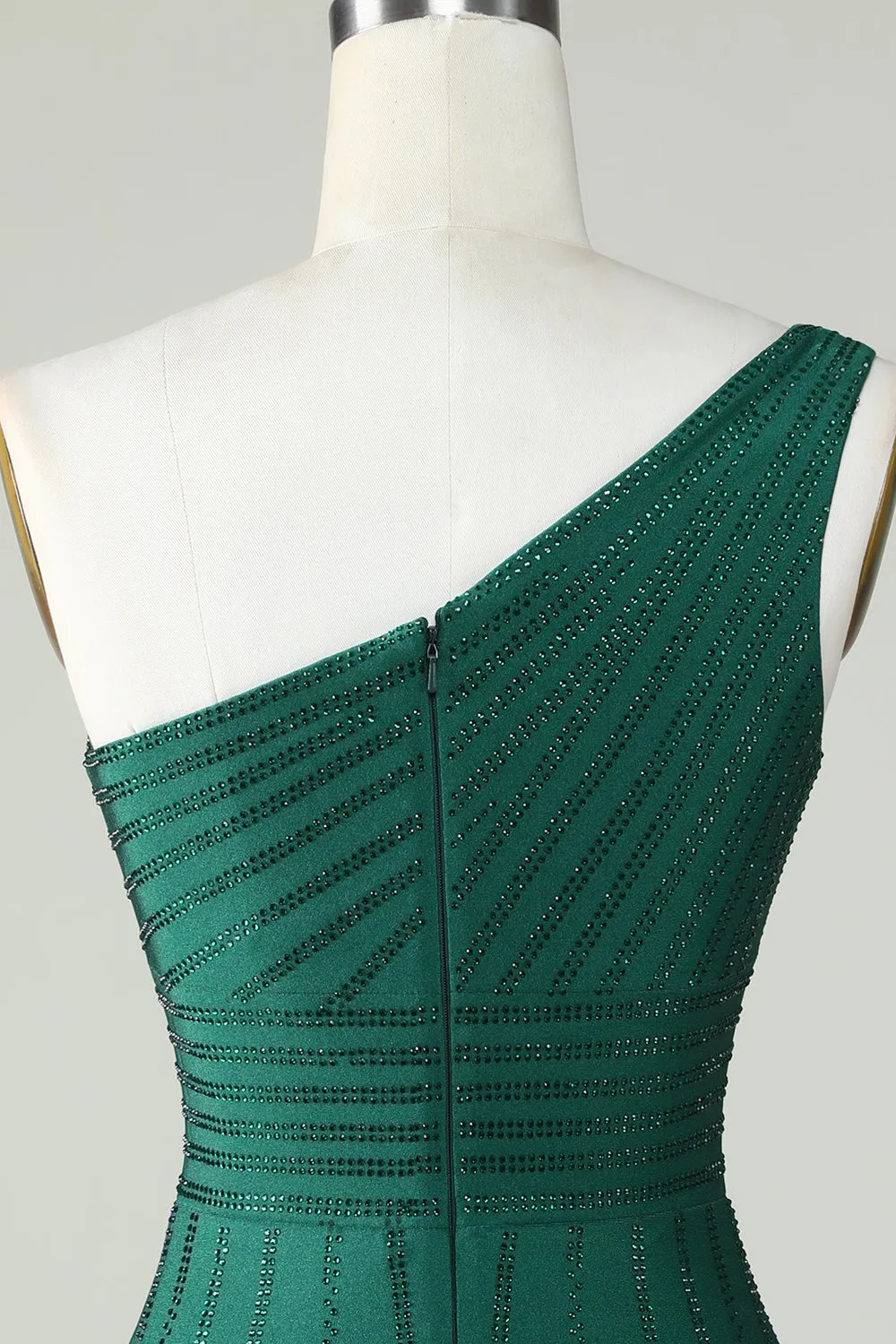 One-Shoulder Dark Green Sheath Homecoming Dress with Beading