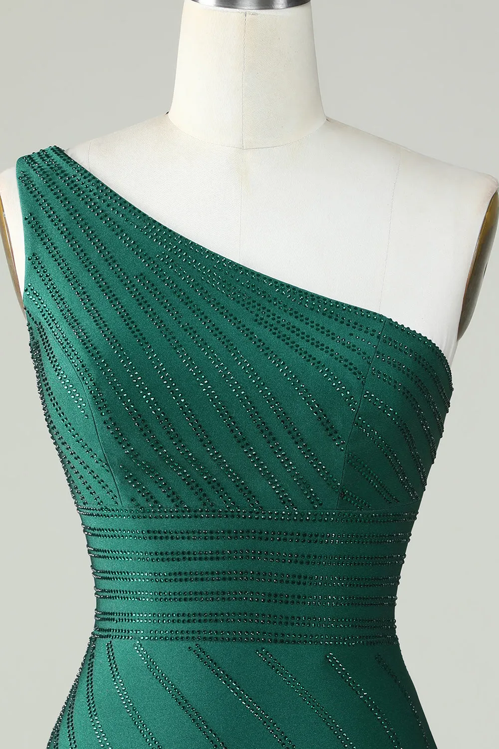 One-Shoulder Dark Green Sheath Homecoming Dress with Beading