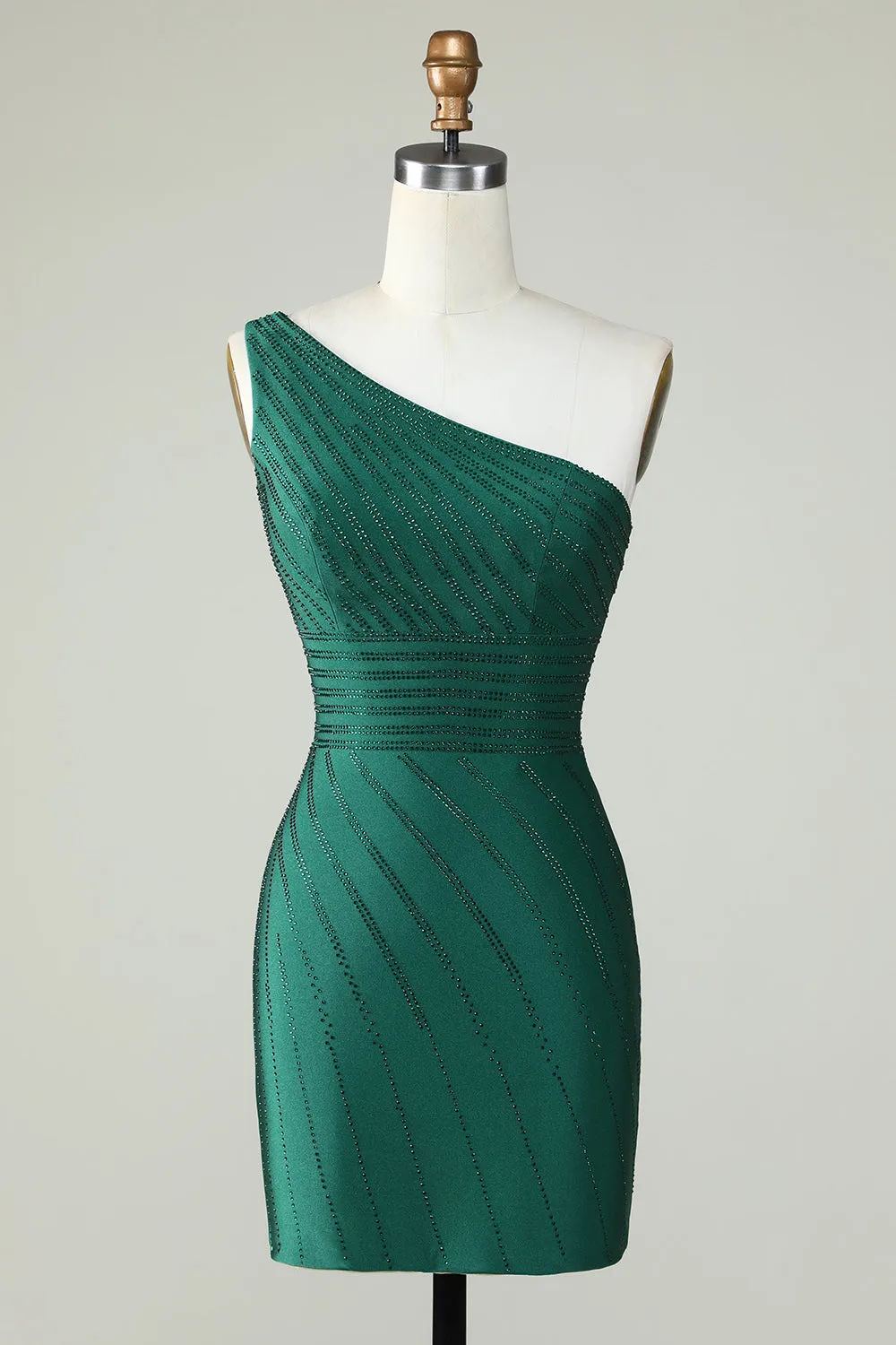 One-Shoulder Dark Green Sheath Homecoming Dress with Beading