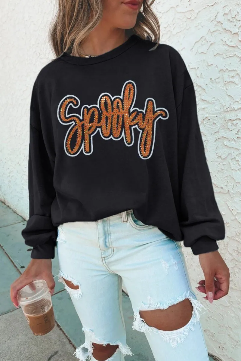 Orange "Spooky" Rhinestone Graphic Sweatshirt