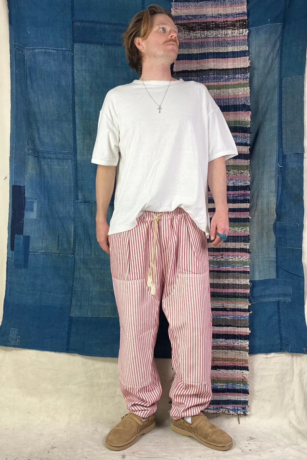 P70 Pleated Easy Pant Japanese Stripes Denim Sunfaded Red