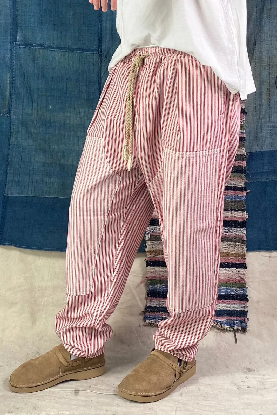 P70 Pleated Easy Pant Japanese Stripes Denim Sunfaded Red