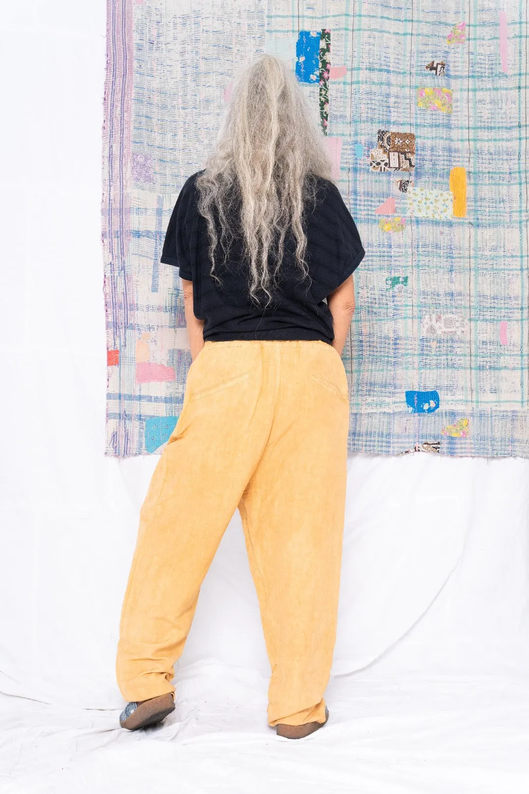 P70 Pleated Easy Pant Wild Silk & Hemp Uneven Dye Curry