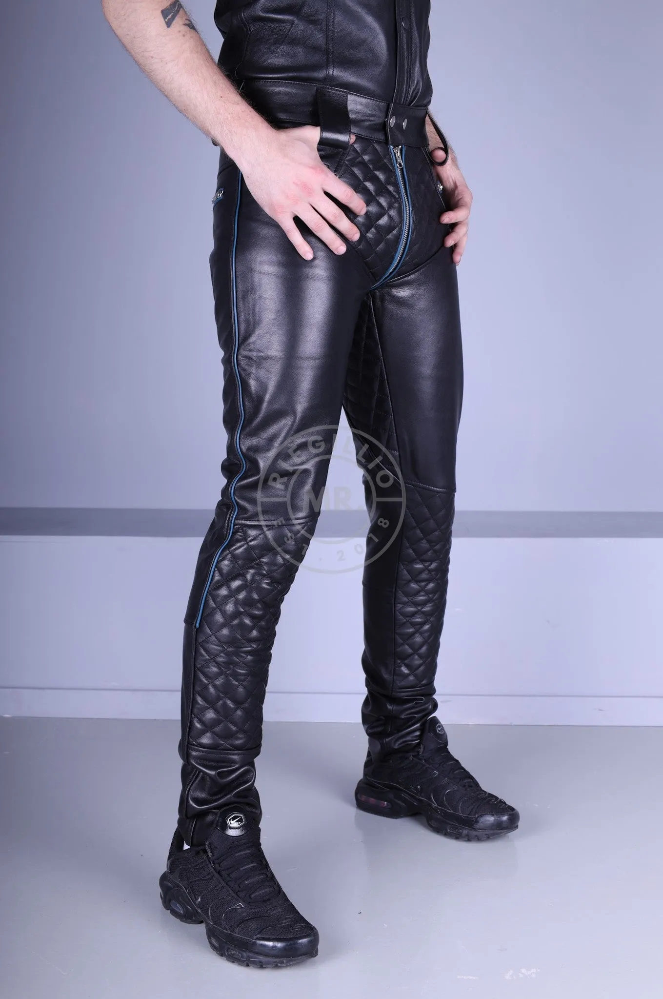 Padded Leather Pants - Jeans Blue Piping