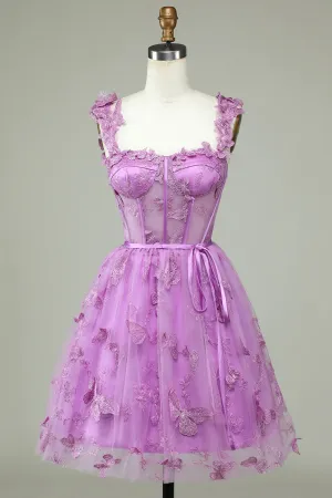 Purple Sweetheart A-Line Corset Homecoming Dress with Appliques