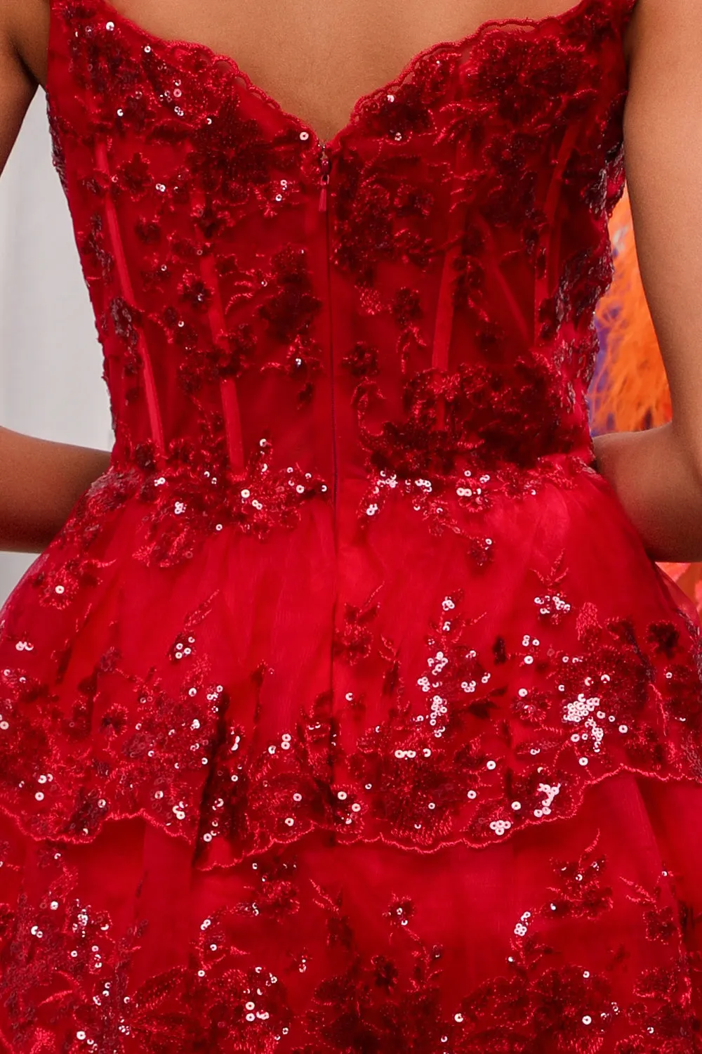 Red Sparkly Corset Tiered Lace A-Line Homecoming Dress