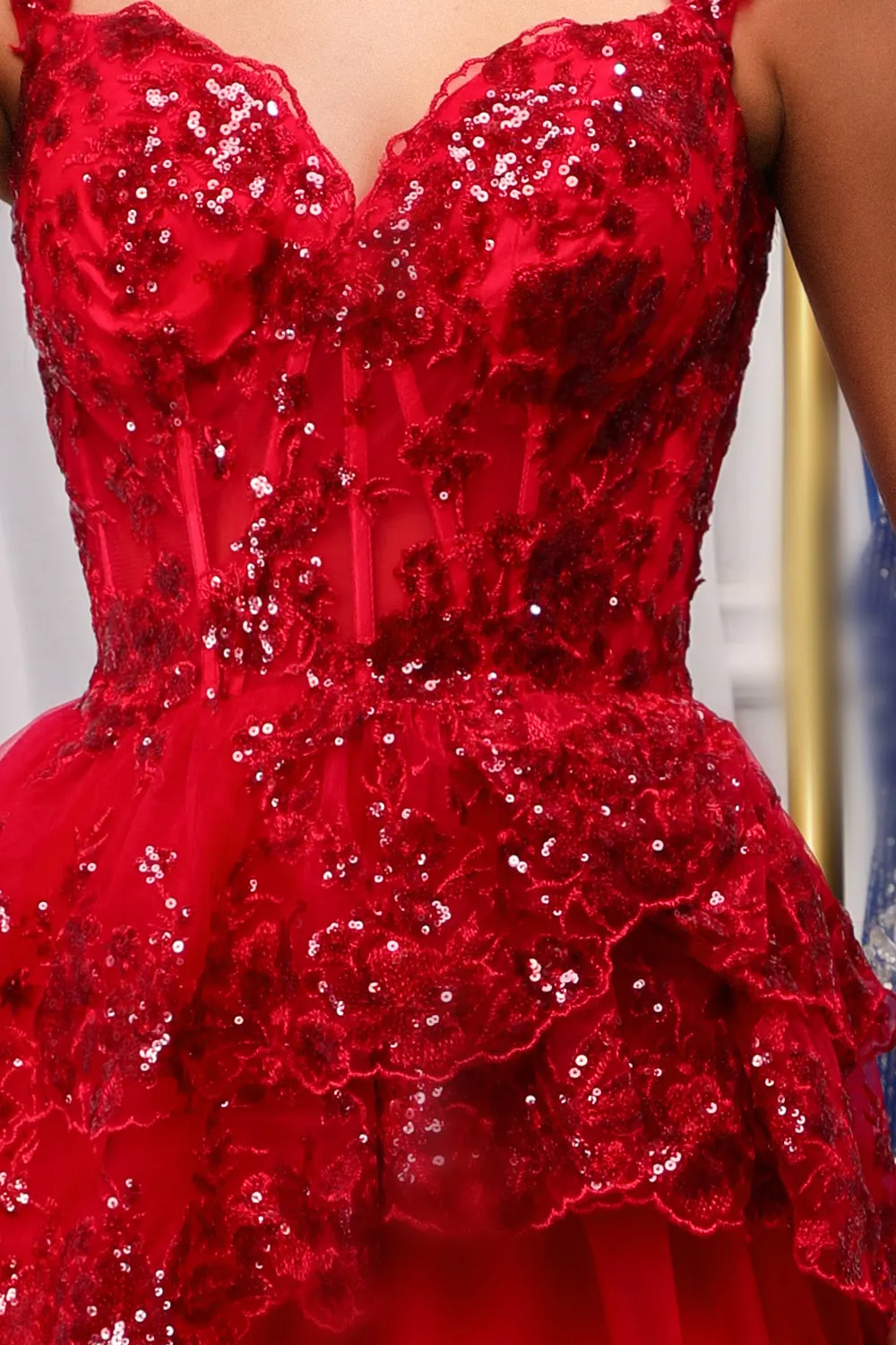 Red Sparkly Corset Tiered Lace A-Line Homecoming Dress