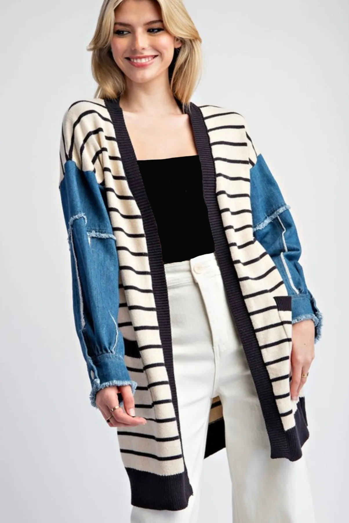 Striped Denim Sleeve Pocket Cardigan