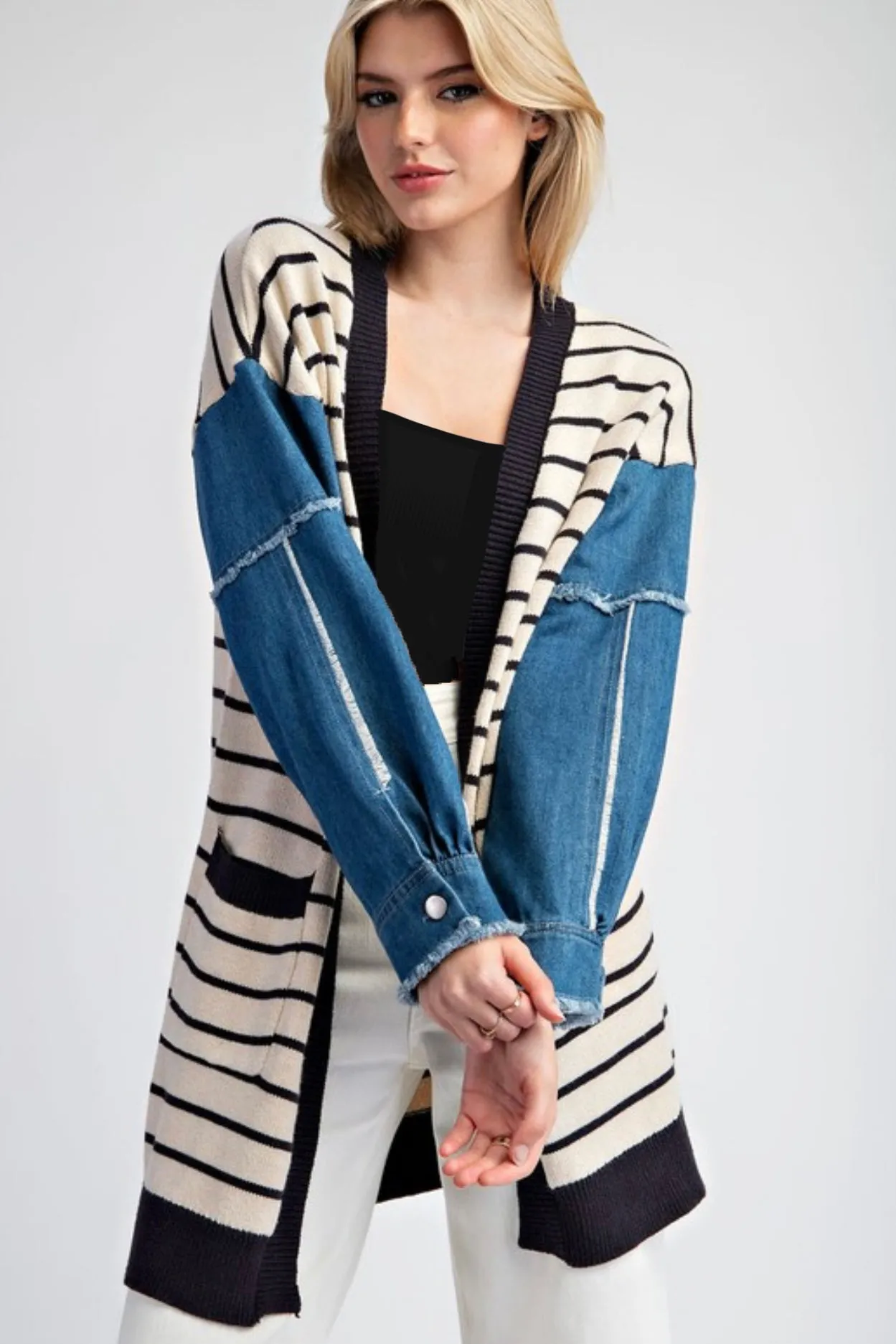 Striped Denim Sleeve Pocket Cardigan