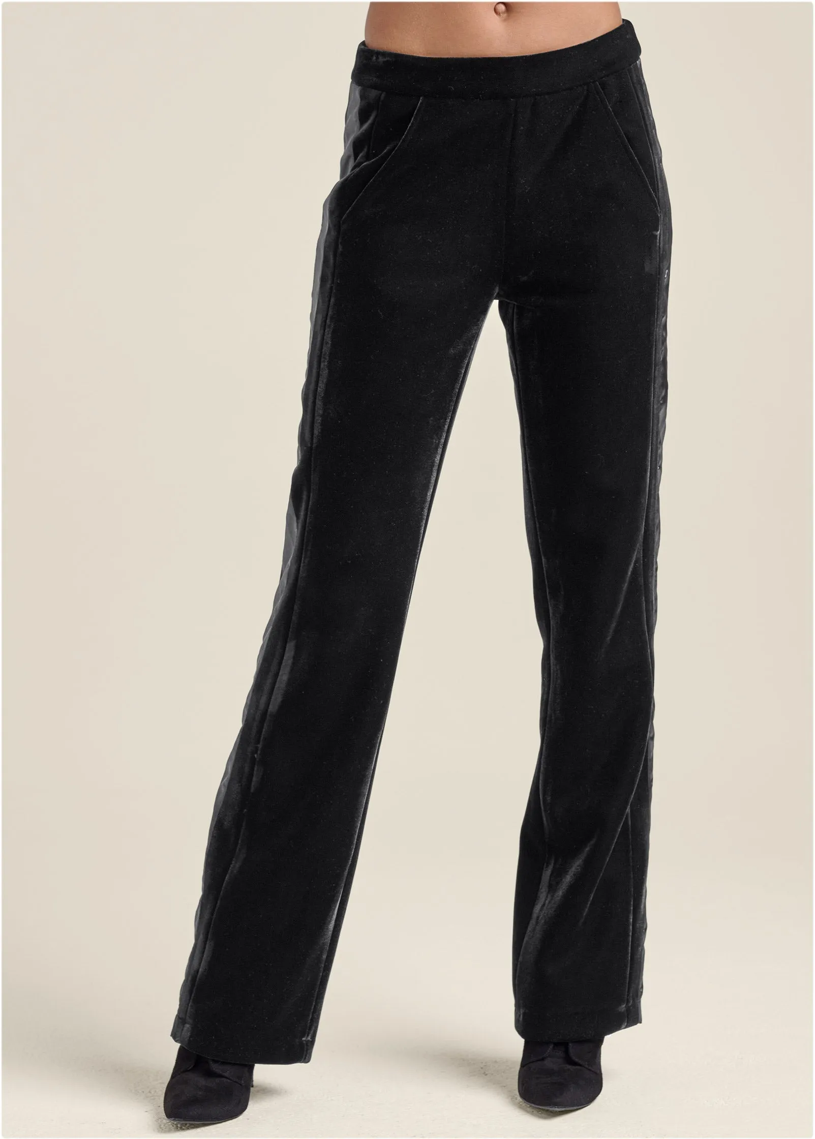 Velvet Satin Wide-Leg Pants  - Black