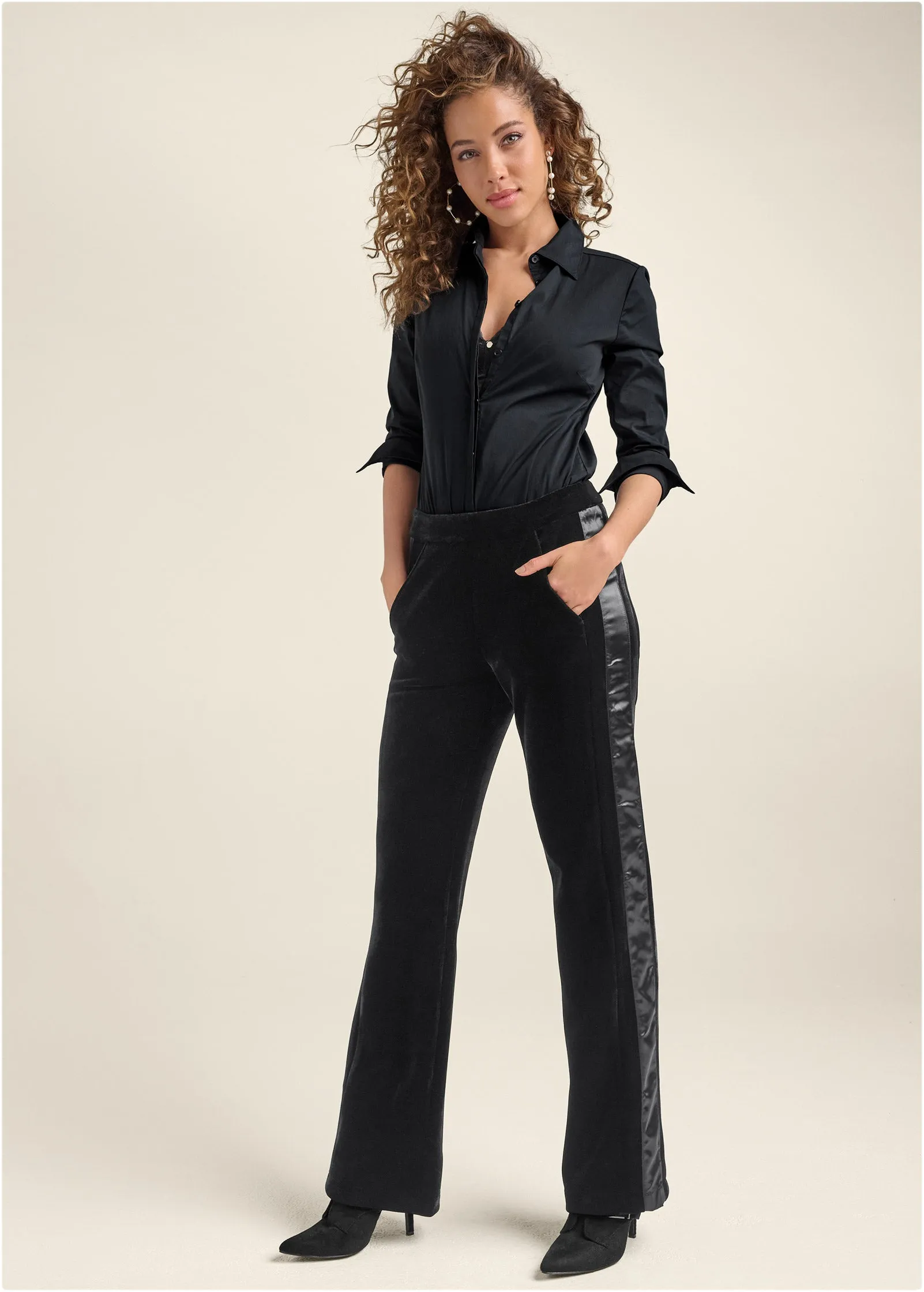 Velvet Satin Wide-Leg Pants  - Black