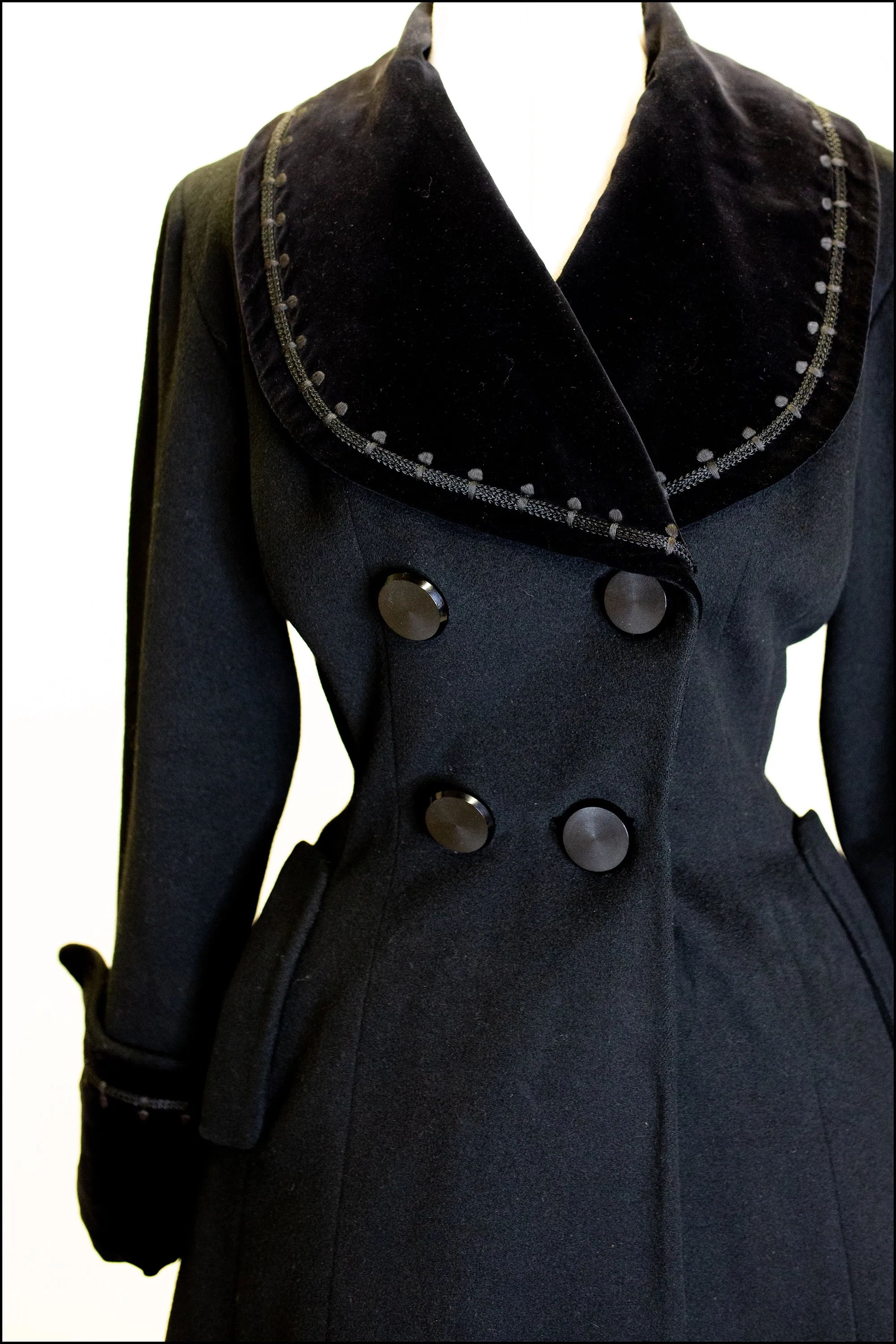 Vintage 1950s Black Wool Velvet Princess Coat