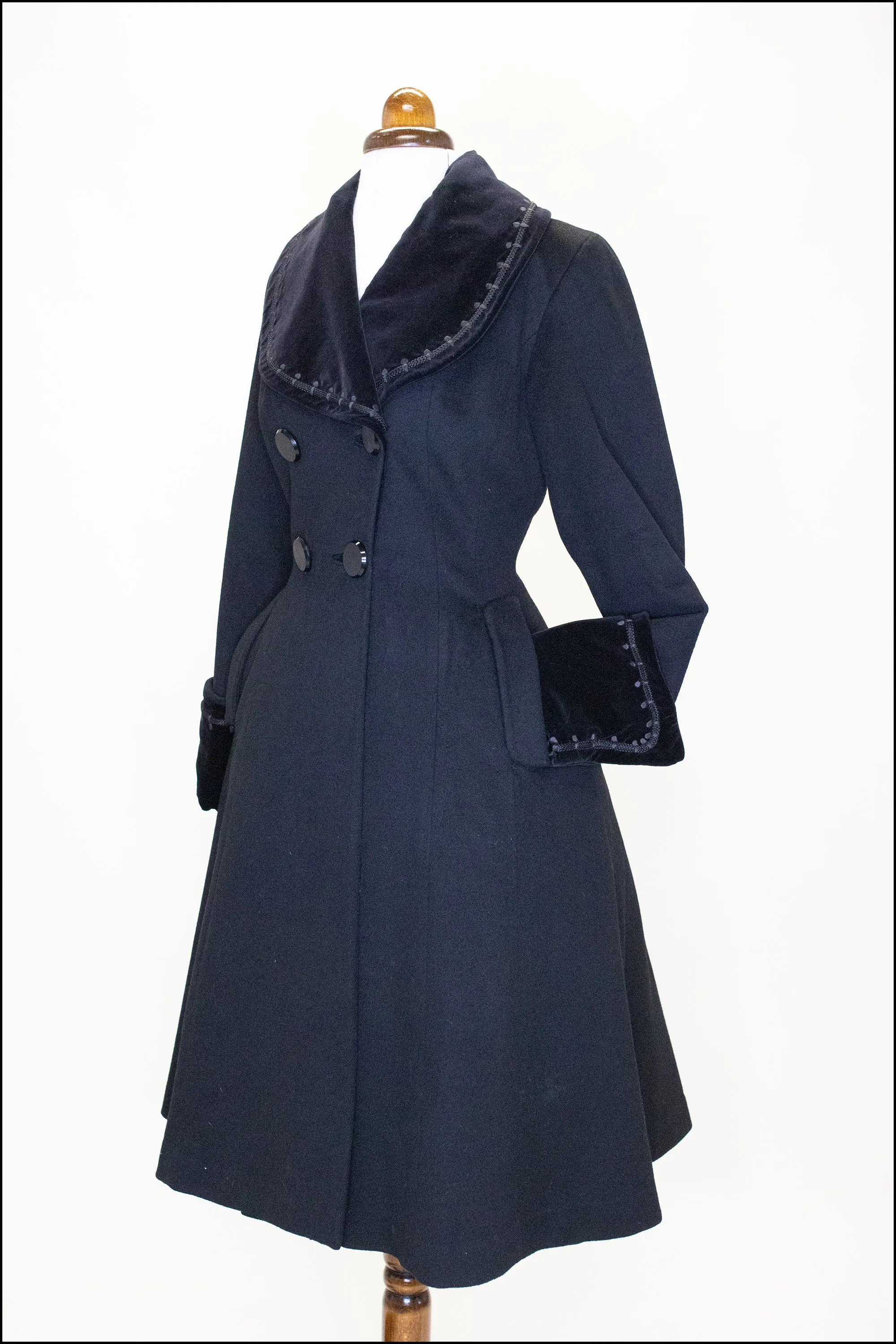 Vintage 1950s Black Wool Velvet Princess Coat