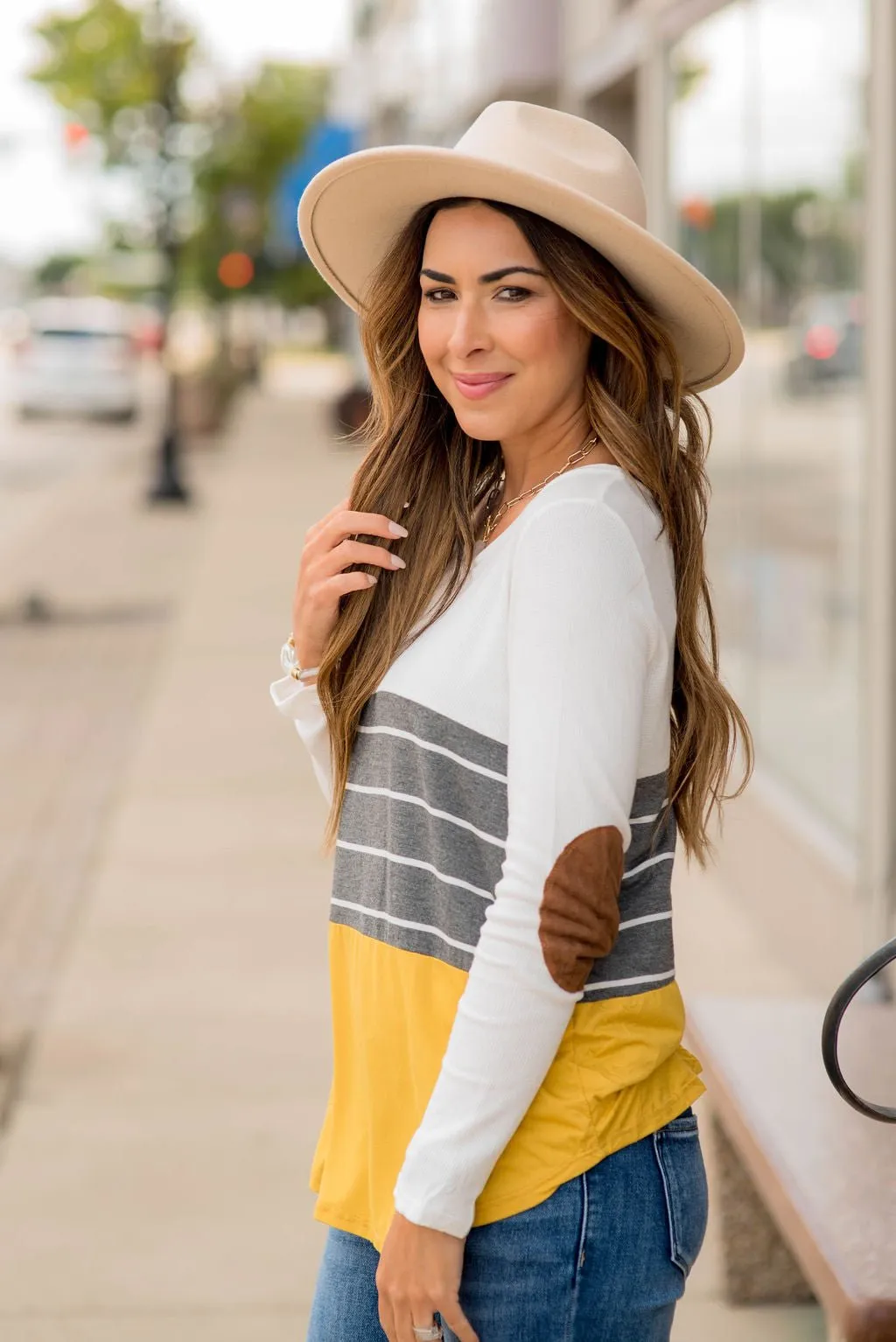 White/Striped/Solid Blocked Elbow Patch Tee