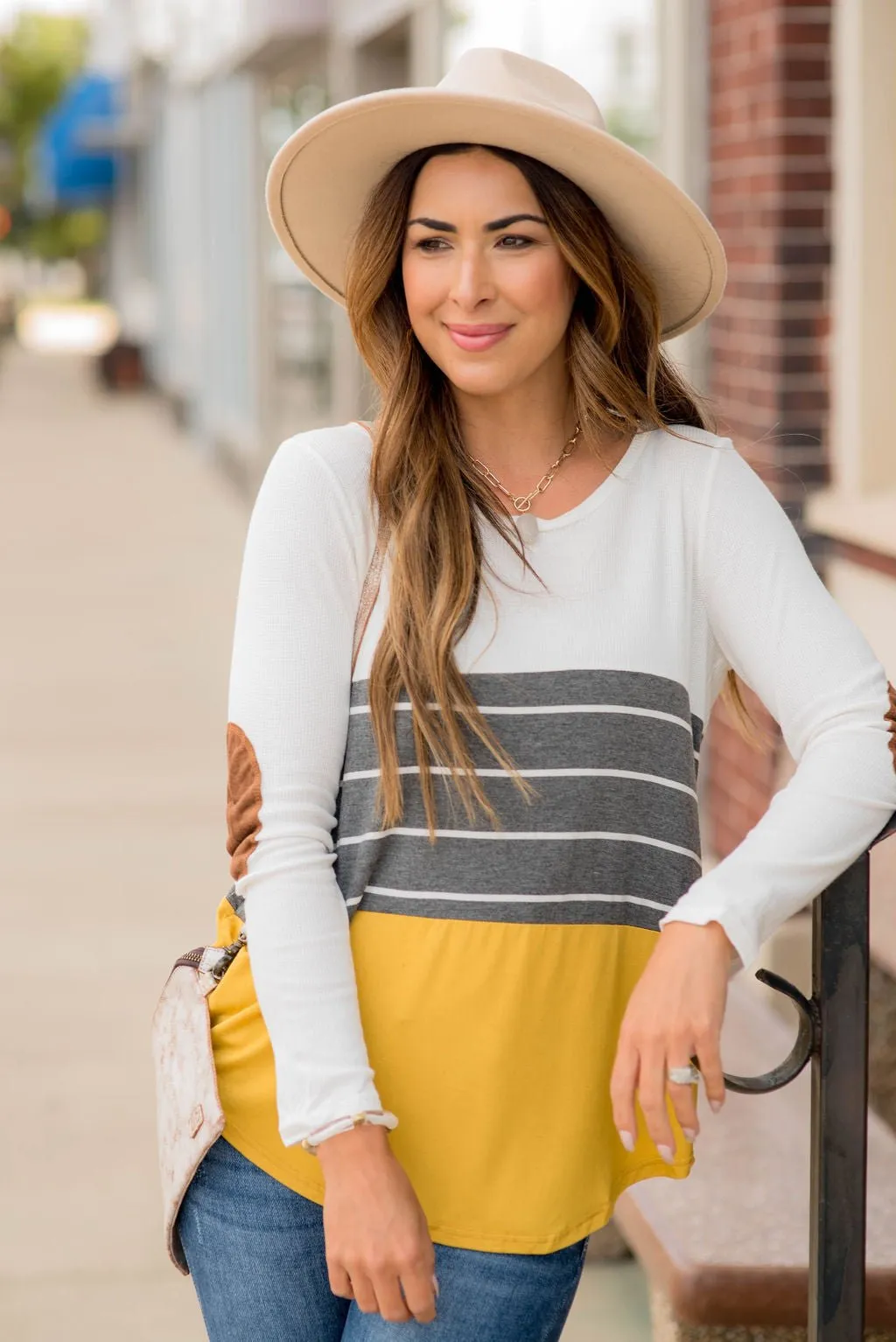 White/Striped/Solid Blocked Elbow Patch Tee