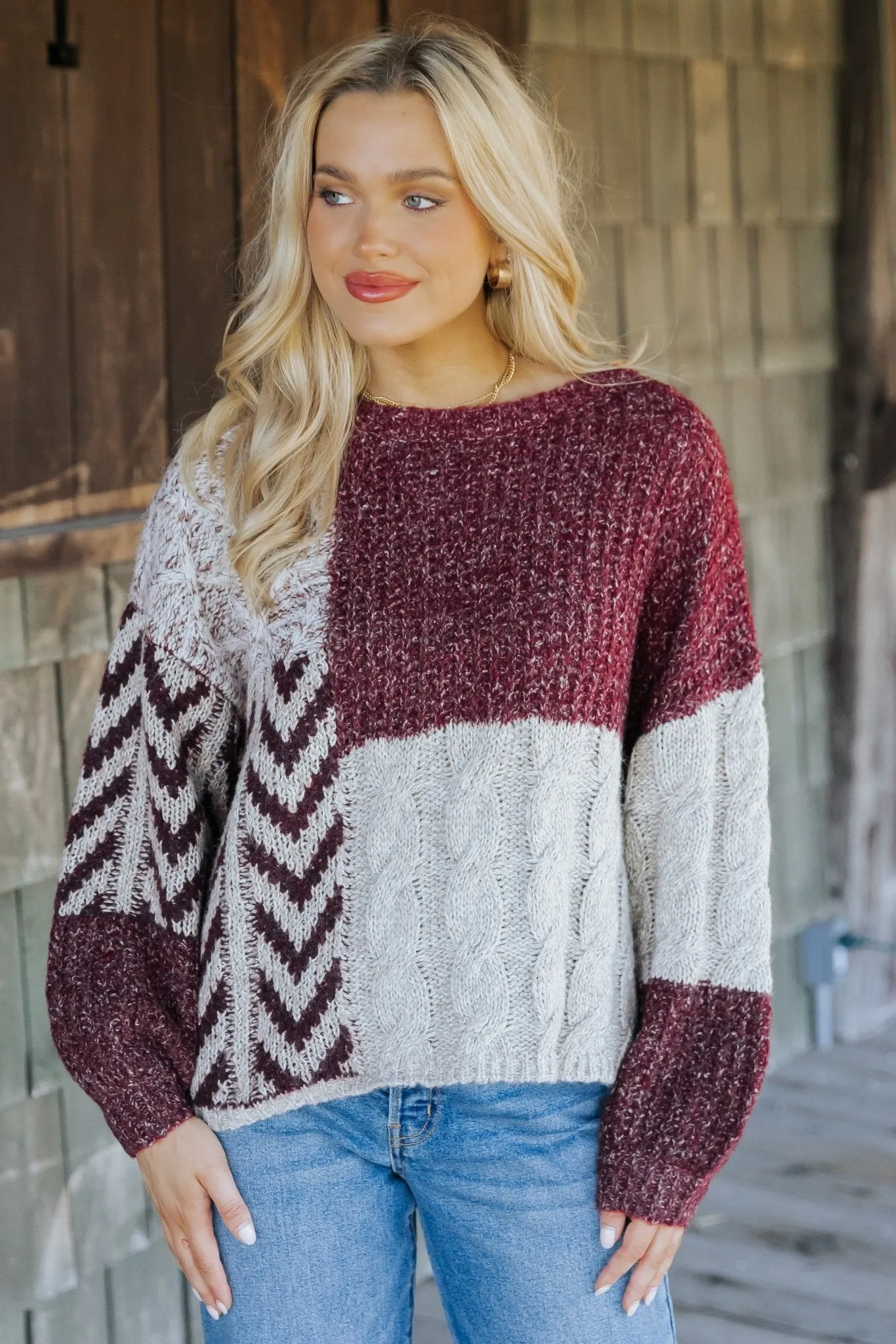 Wine Multi Color Block Cable Knit Sweater