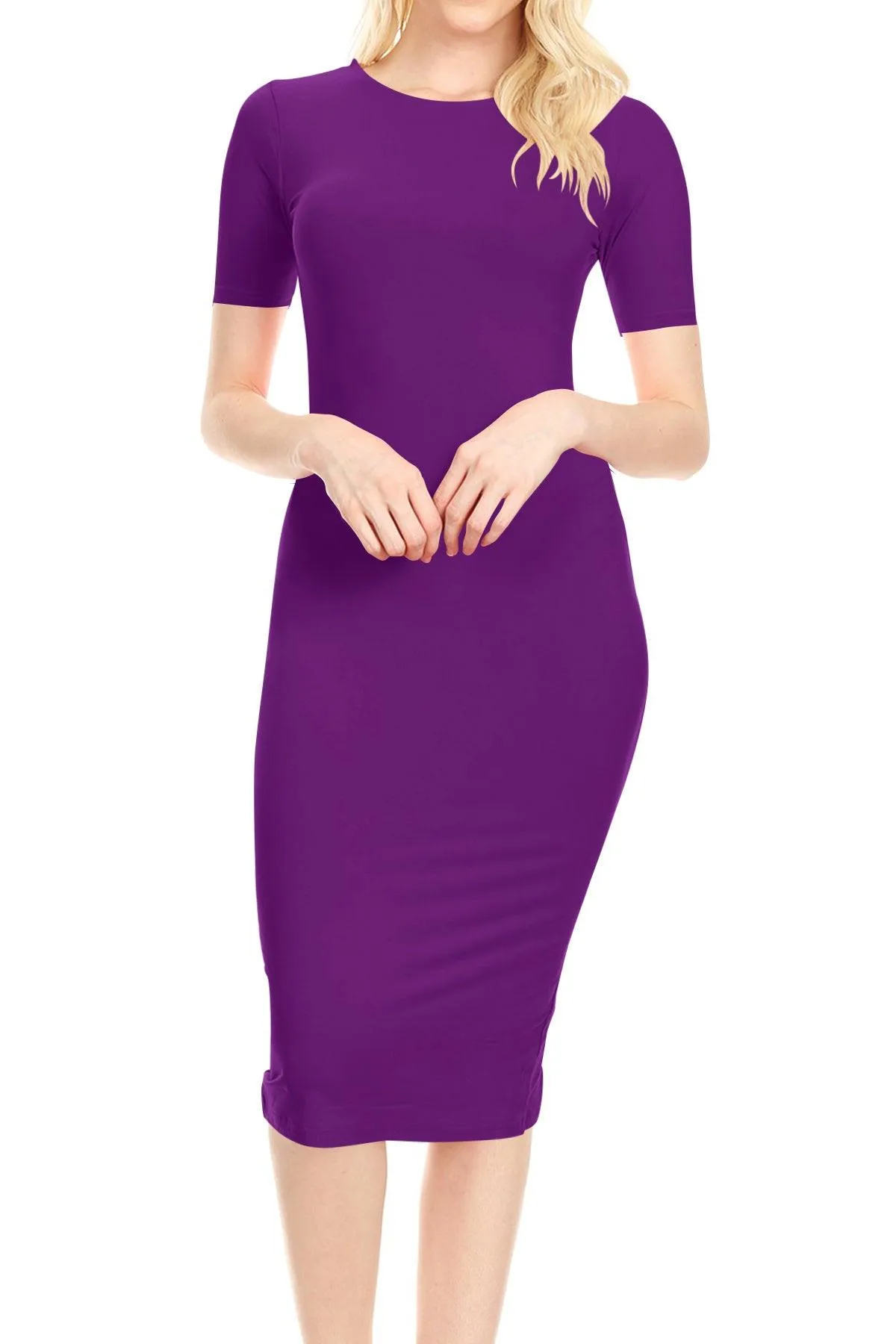 Women's Lightweight Bodycon Slim Fit Short Sleeve Basic Solid Midi Dress