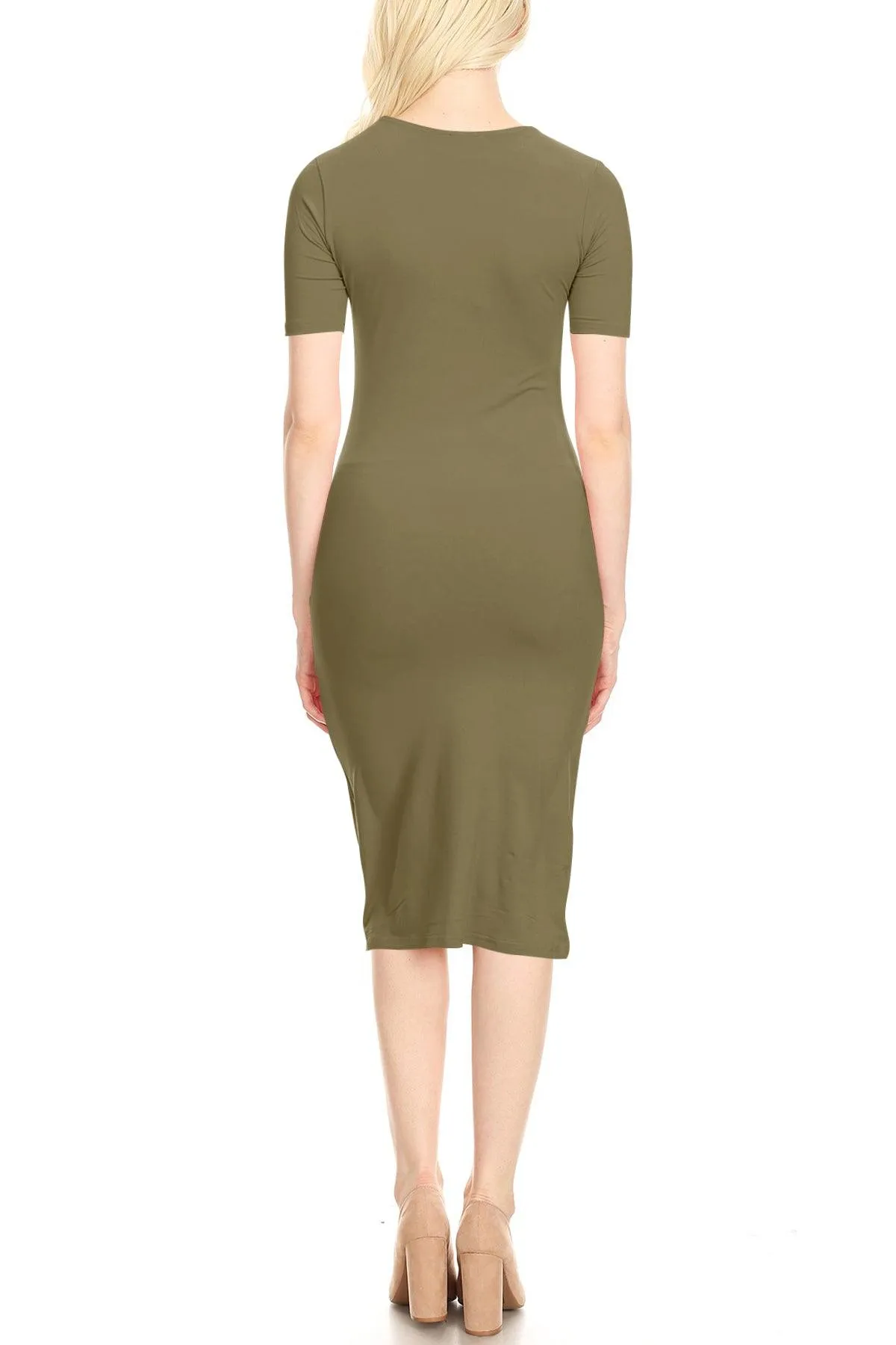 Women's Lightweight Bodycon Slim Fit Short Sleeve Basic Solid Midi Dress