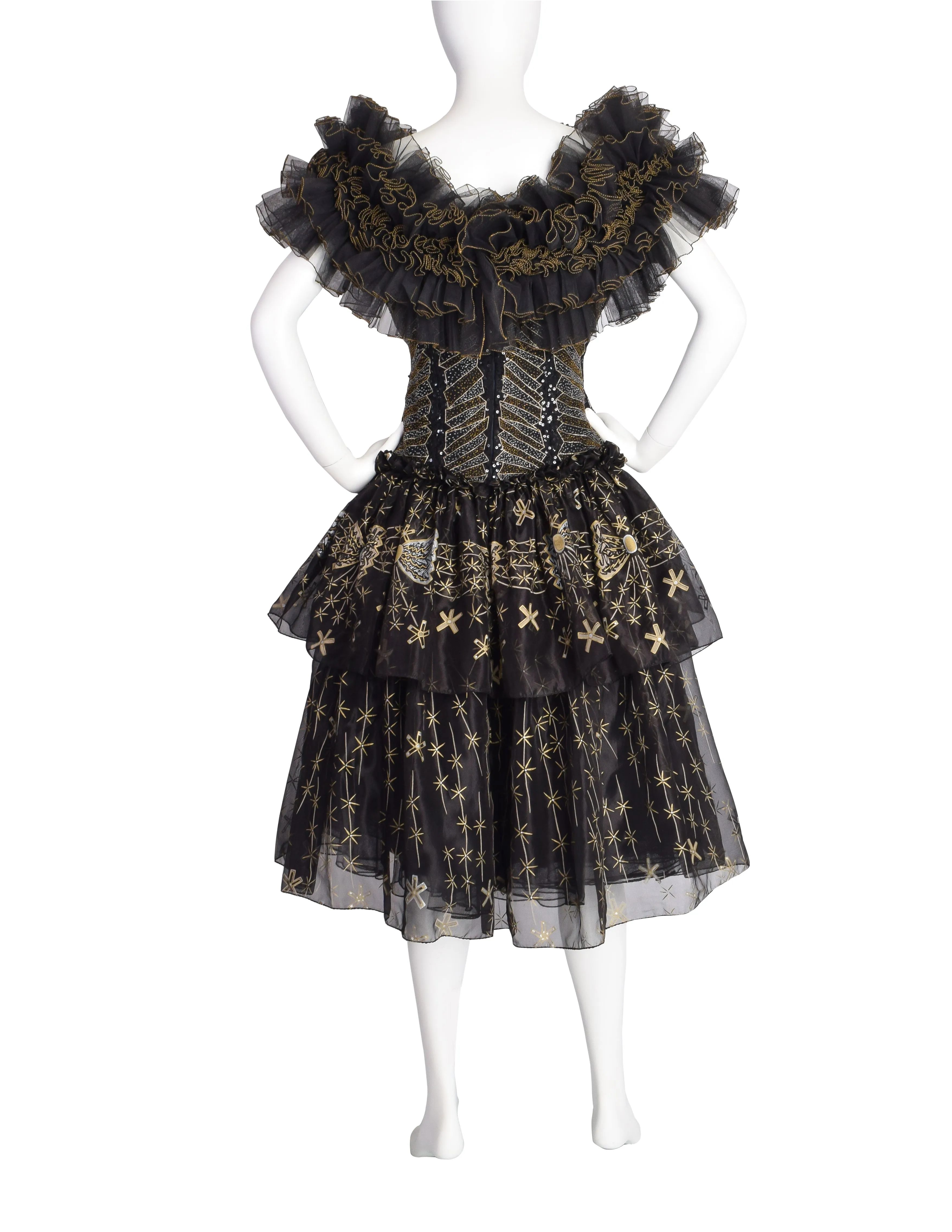 Zandra Rhodes Vintage 1988 Black Silver Gold Beaded Silk Ruffle Party Dress