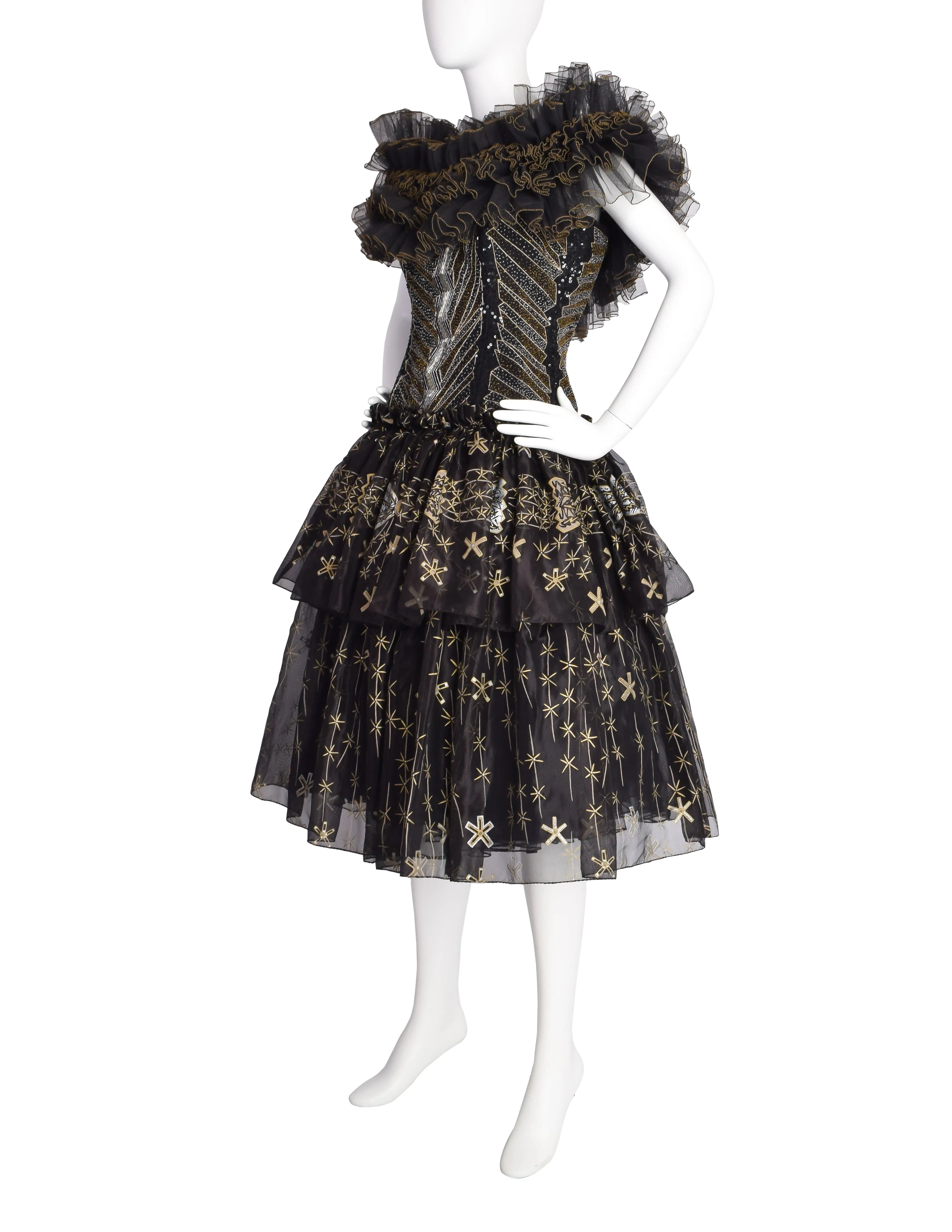 Zandra Rhodes Vintage 1988 Black Silver Gold Beaded Silk Ruffle Party Dress